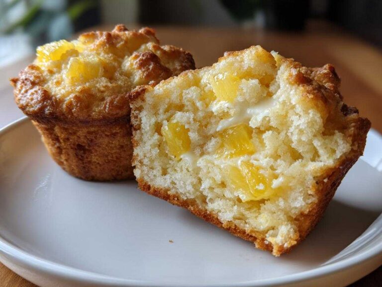 Close-up of two moist pineapple muffins, one cut open to show chunks of pineapple and creamy filling.