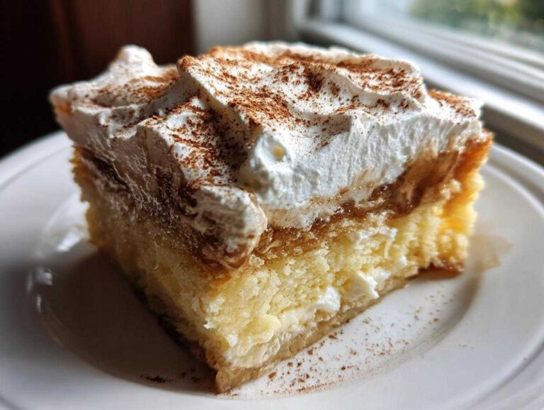 A close-up of a moist slice of Tres Leches Cake topped with thick whipped cream and dusted with cinnamon.