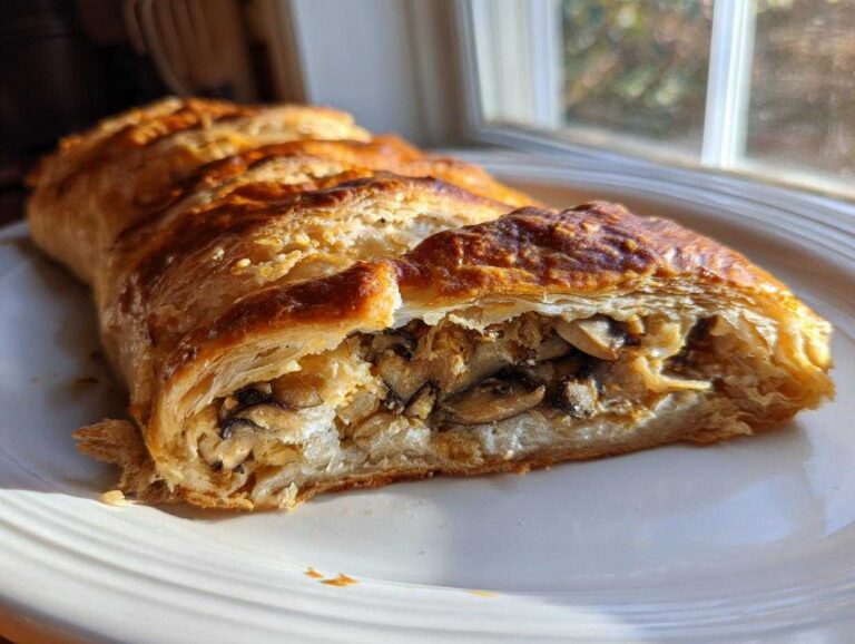 A close-up of a sliced mushroom puff pastry braid showing flaky golden crust and savory mushroom filling.