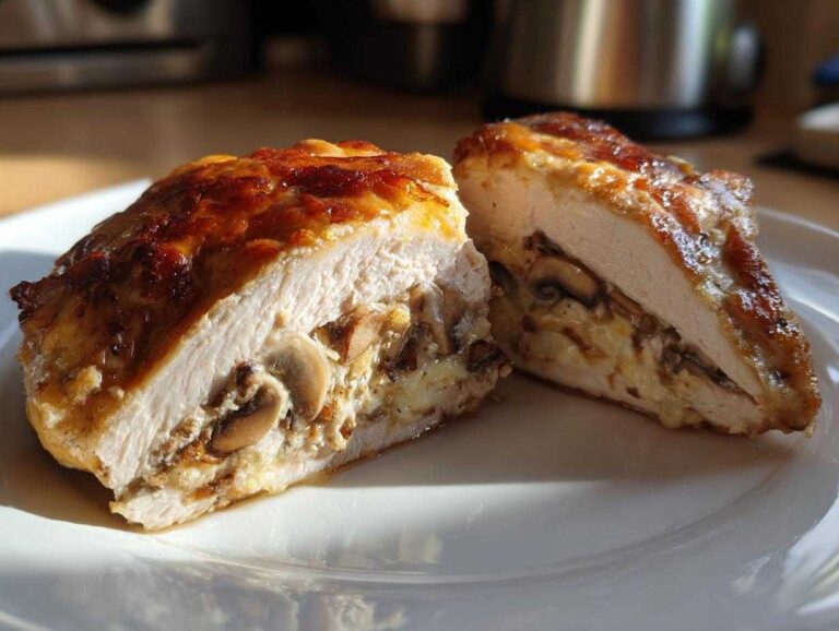 Two halves of a perfectly cooked mushroom stuffed chicken breast showing the creamy mushroom filling inside.
