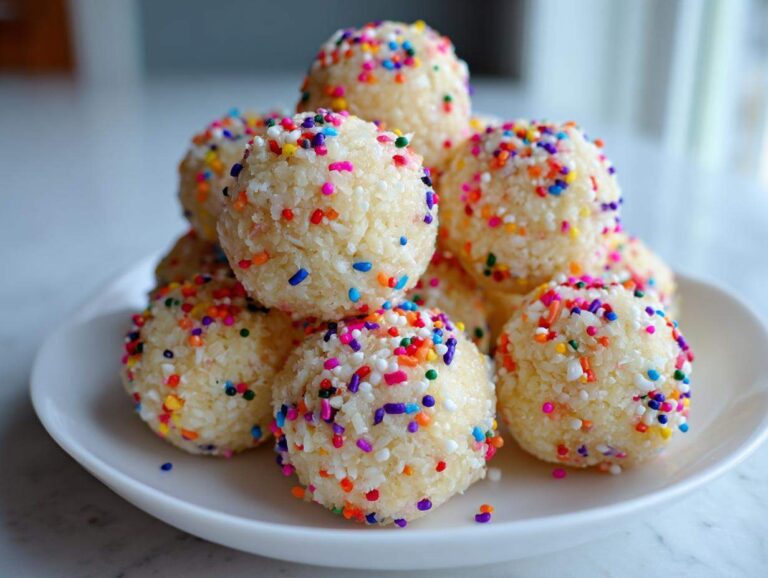 A stack of white, coconut-covered no bake cake batter protein balls decorated with bright rainbow sprinkles on a white plate.