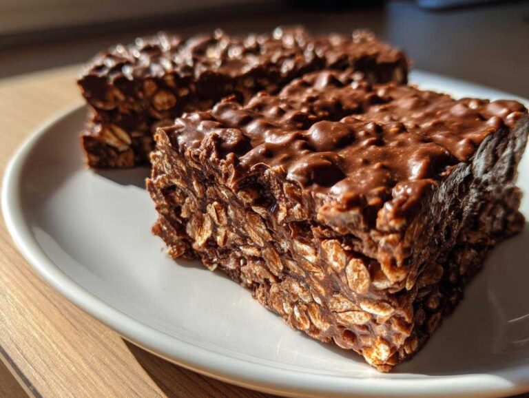 Two rich, fudgy no bake chocolate oatmeal bars packed with visible oats, resting on a white plate.