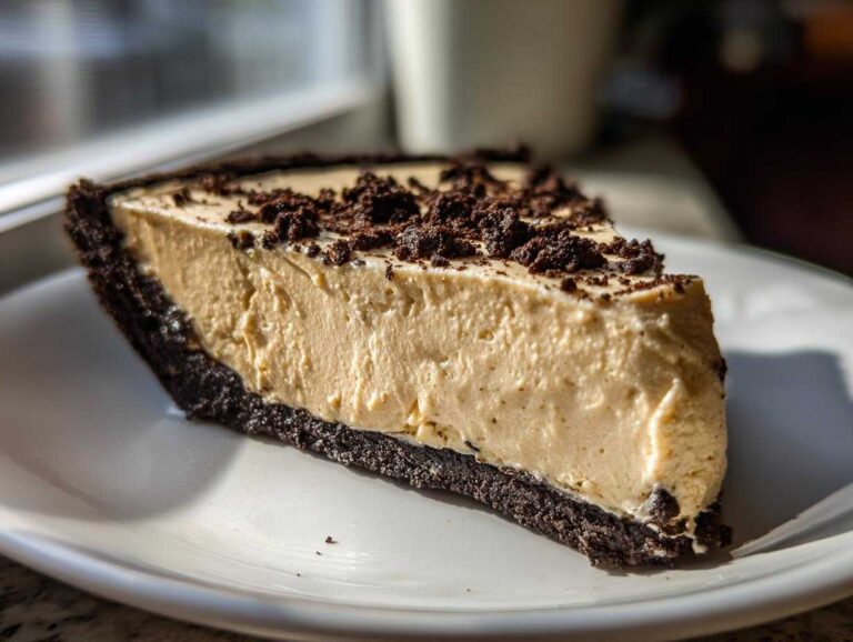 A close-up of a creamy slice of no bake peanut butter pie featuring a dark chocolate crust and crumbled topping.