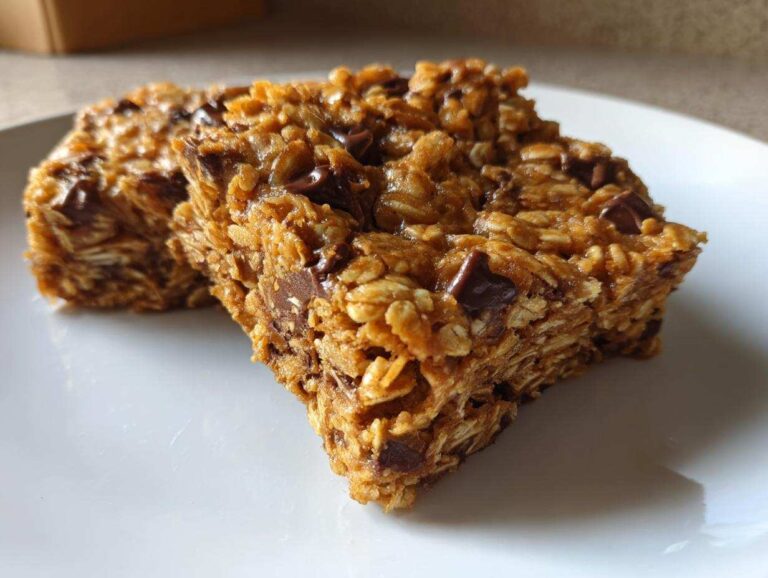 Two rich, chewy oatmeal chocolate chip peanut butter bars stacked slightly on a white plate.