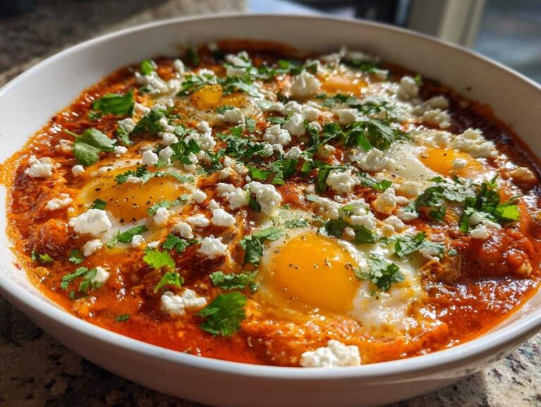 A close-up of a white bowl filled with vibrant red Shakshuka, featuring poached eggs, crumbled feta cheese, and fresh cilantro.