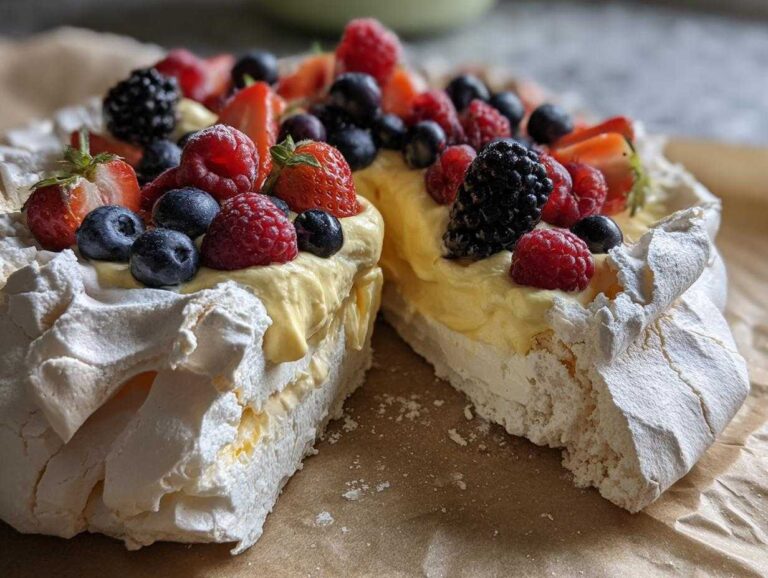 A slice cut from a Pavlova with Bourbon Cheddar Cream, topped generously with fresh mixed berries.