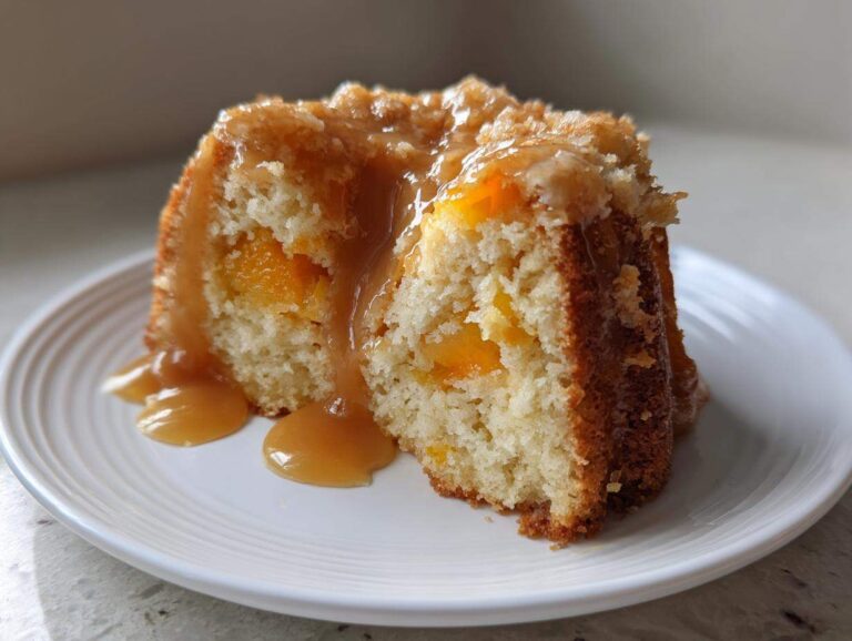 A moist slice of peach cake with visible peach chunks, topped generously with a flowing caramel sauce.