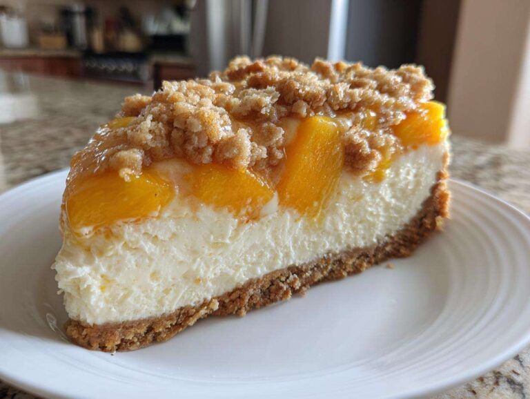 A close-up of a decadent slice of peach cobbler cheesecake showing a graham cracker crust, creamy filling, and peach topping with crumble.