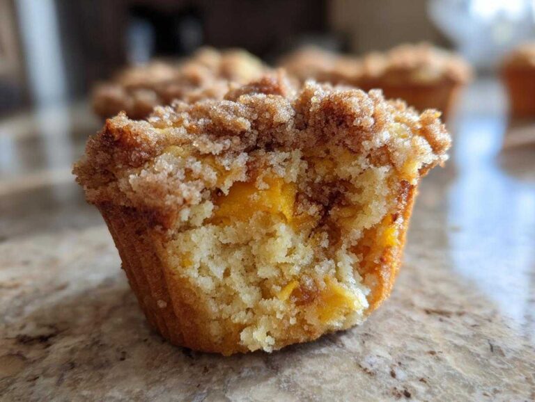 Close-up of a peach cobbler muffins cut in half showing moist cake, chunks of peach, and a sugary cinnamon streusel topping.