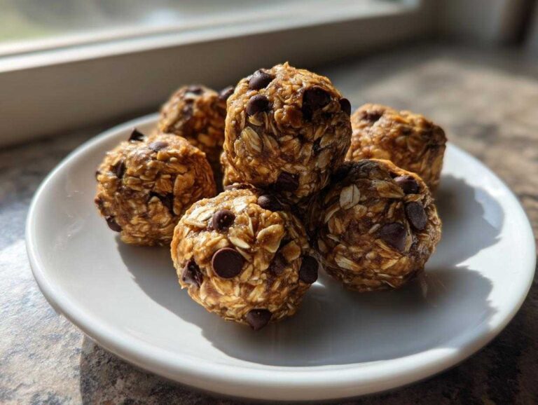 A stack of delicious peanut butter oatmeal energy bites studded with chocolate chips on a white plate.
