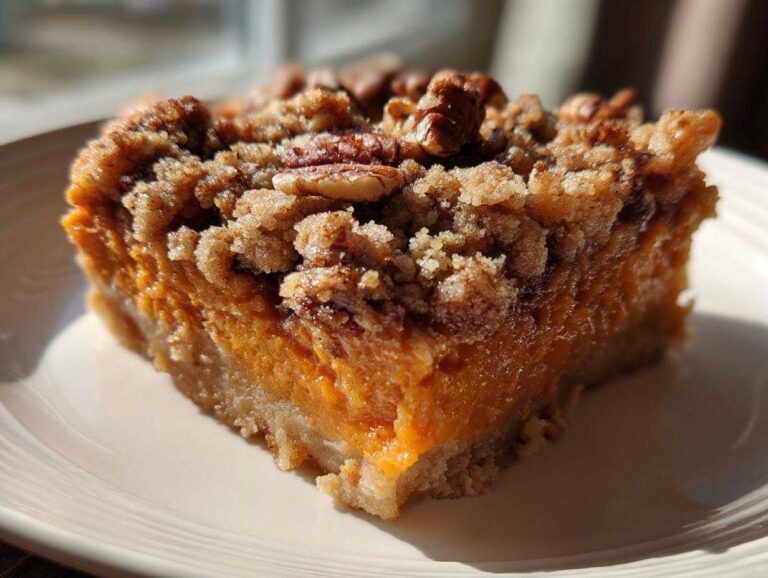 A square serving of rich orange sweet potato casserole topped with brown sugar crumble and whole pecans.