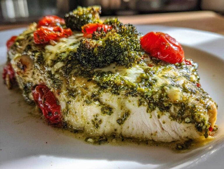 Close-up of a juicy pesto chicken bake breast topped with melted cheese, roasted broccoli florets, and sun-dried tomatoes.
