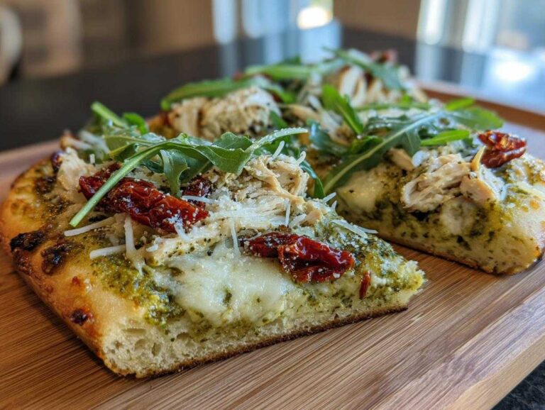 Two slices of pesto chicken flatbread topped with melted mozzarella, sun-dried tomatoes, and fresh arugula.