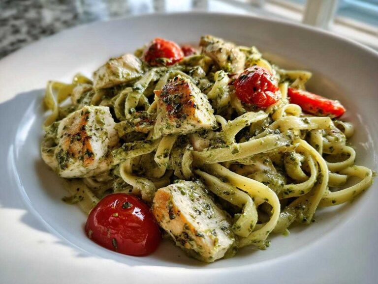Close-up of creamy pesto chicken pasta with grilled chicken chunks and bright red cherry tomatoes.