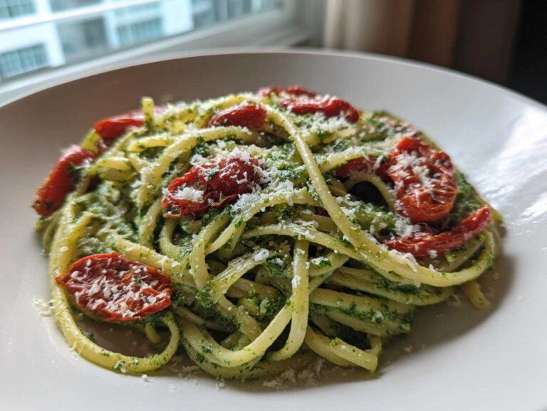 Close-up of a white bowl filled with pesto pasta with sun dried tomatoes and grated parmesan cheese.
