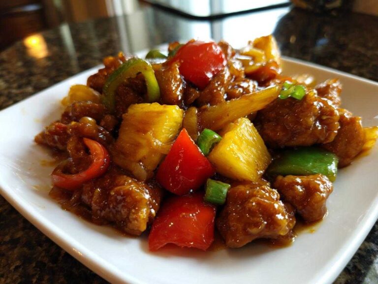 A close-up of a serving of vibrant pineapple chicken stir-fry with chunks of pineapple, red and green bell peppers, coated in a savory sauce.