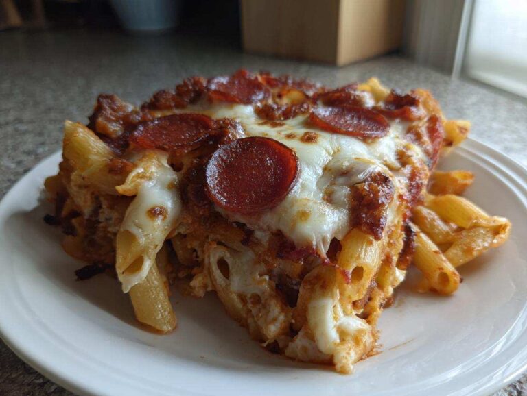 Close-up of a serving of pizza pasta bake, featuring penne pasta, melted mozzarella, and pepperoni slices.