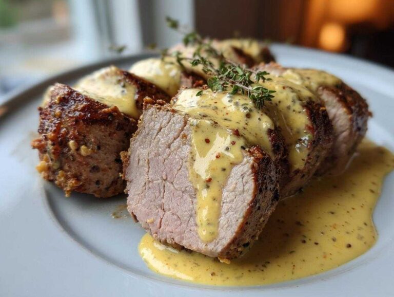 Close-up of sliced pork tenderloin with creamy dijon sauce generously poured over the top and pooling on the plate.