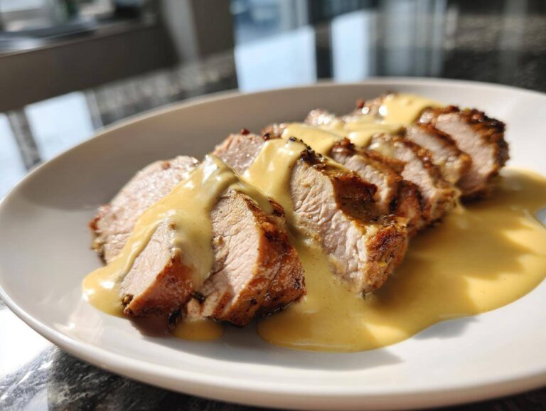 Perfectly cooked, sliced pork tenderloin with dijon mustard cream sauce generously poured over the top.