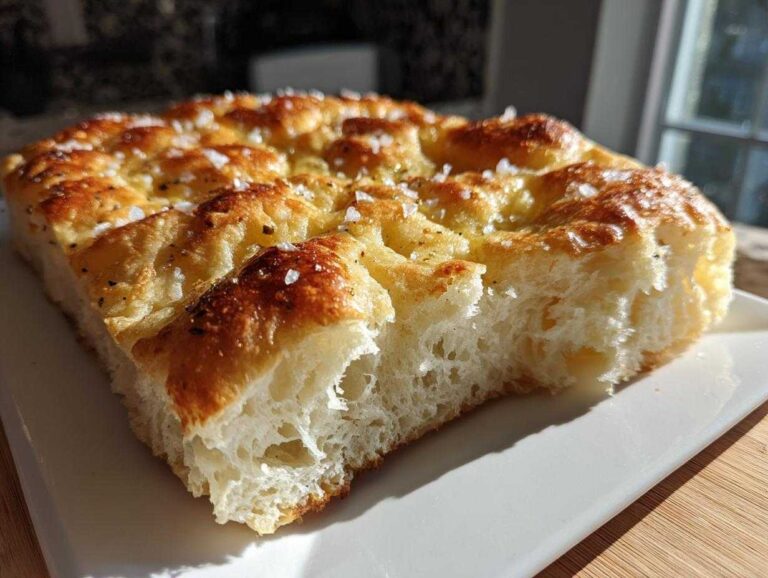 Close-up of a thick slice of quick focaccia bread showing its airy interior and golden, dimpled top sprinkled with coarse sea salt.
