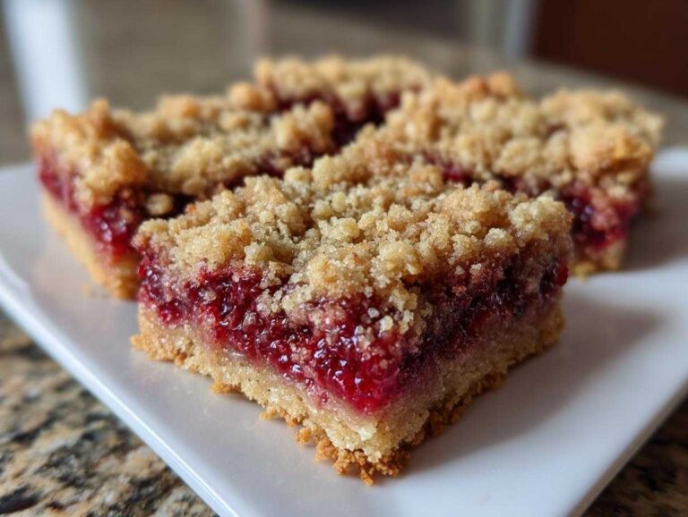 A close-up view of several thick raspberry crumble bars with a golden crust and bright red filling.
