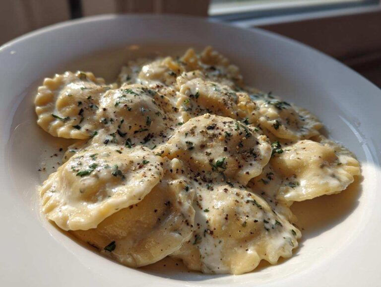 Close-up of ravioli pasta generously coated in a rich white wine cream sauce and topped with cracked black pepper and parsley.