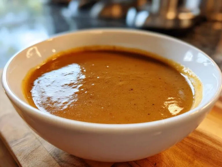 Close-up of a creamy, brown swedish meatball sauce served in a small white bowl.