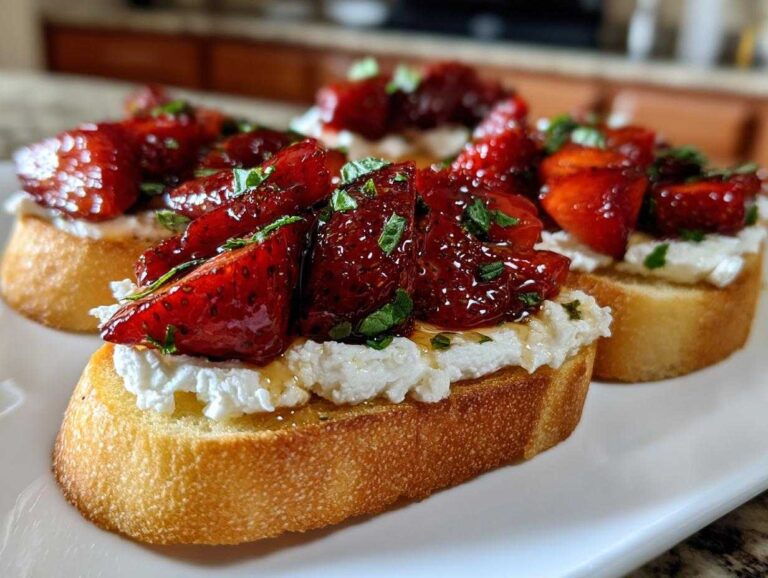 Three pieces of Roasted Strawberry Crostini featuring toasted bread, creamy cheese, and glossy roasted strawberries topped with herbs.