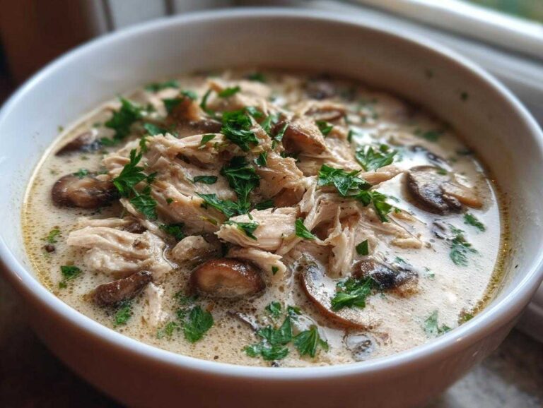 Close-up of a hearty bowl of rotisserie chicken mushroom soup, topped with shredded chicken, mushrooms, and fresh parsley.