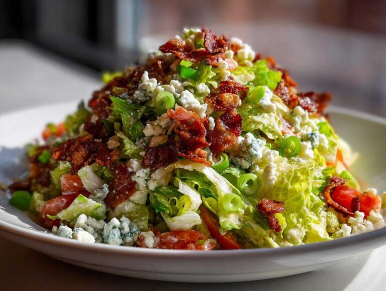 A vibrant, towering Ruth's Chris chopped salad featuring crisp lettuce, crumbled blue cheese, crispy bacon bits, and sliced green onions.