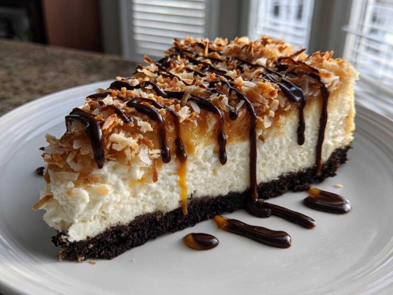 A close-up of a slice of Samoa Cheesecake featuring a dark crust, creamy filling, toasted coconut, and drizzled with chocolate and caramel.