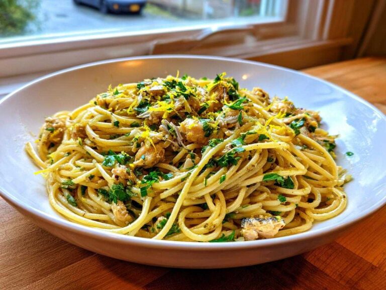 A white bowl filled with vibrant sardine pasta, tossed with herbs and bright lemon zest.