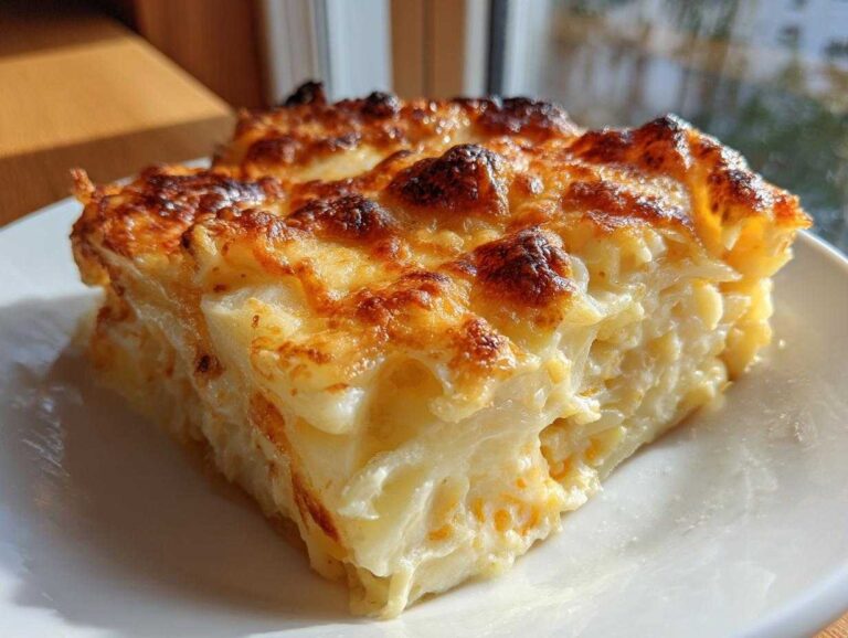 A rich, golden-brown slice of creamy scalloped potatoes recipe served on a white plate.