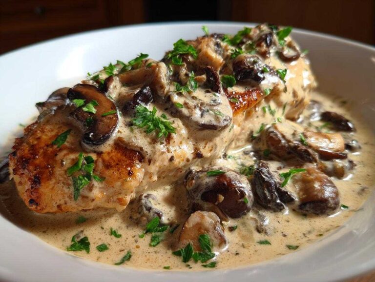 Close-up of seared chicken breast smothered in Irish chicken whiskey cream sauce and mushrooms.