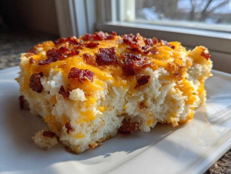 Close-up of a fluffy slice of mashed potato casserole topped with melted cheddar cheese and crispy bacon bits.