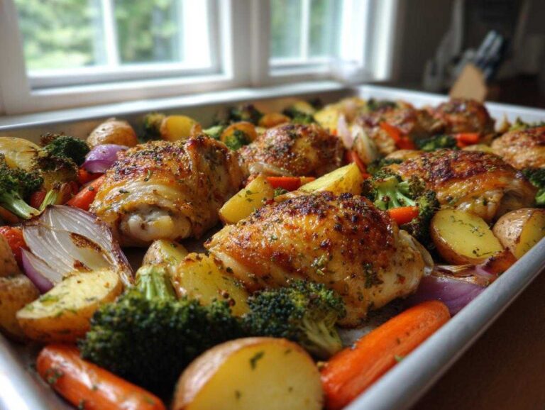 Close-up of golden-brown sheet pan lemon herb chicken and vegetables, including potatoes, broccoli, and onions.