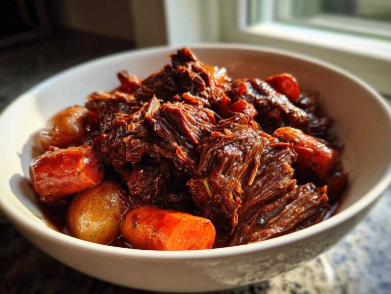Close-up of tender, shredded korean style pot roast served in a white bowl with carrots and small potatoes.