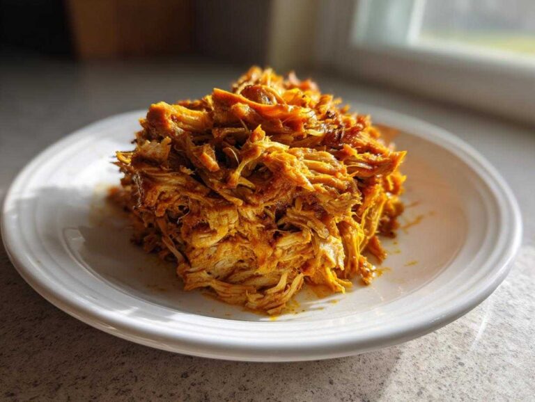 A mound of golden, shredded slow cooker chicken shawarma served on a white plate, lit by natural light.