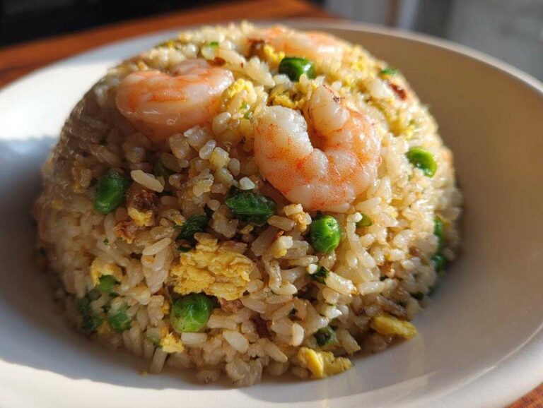 A mound of flavorful shrimp fried rice recipe, featuring visible pieces of shrimp, scrambled egg, and bright green peas.
