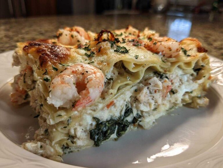 A close-up, mouth-watering slice of creamy seafood lasagna topped with whole shrimp and parsley.