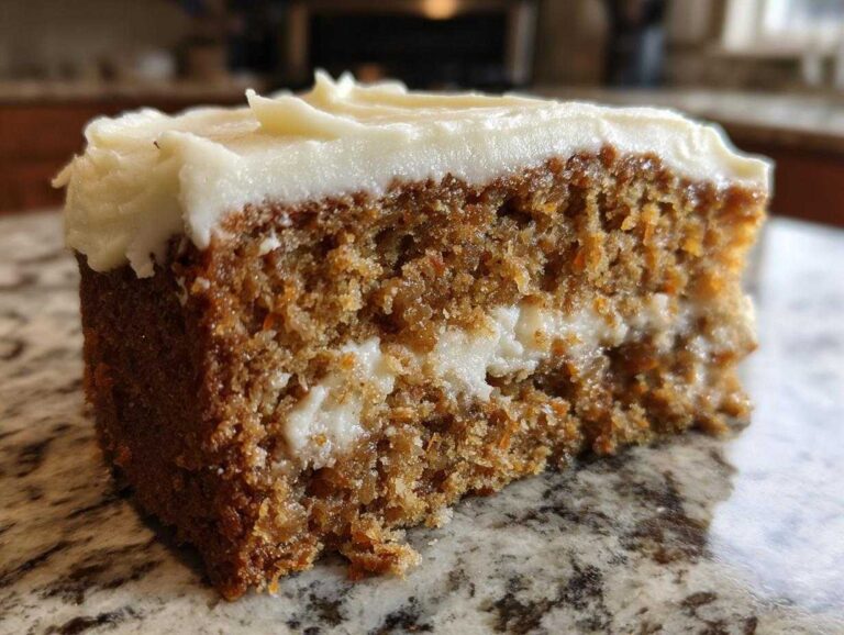 Close-up of a moist slice of spice cake layered with cream cheese frosting.