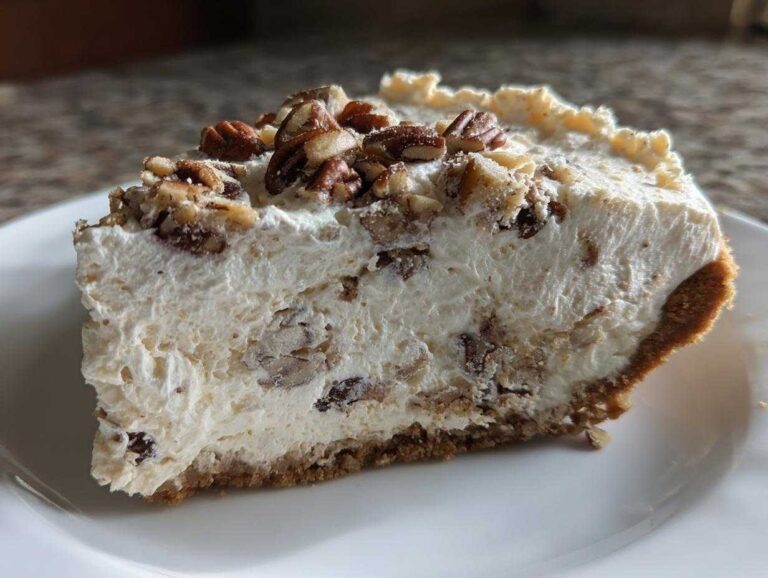 A close-up slice of rich pecan cream pie featuring a thick, creamy filling studded with pecans on a graham cracker crust.
