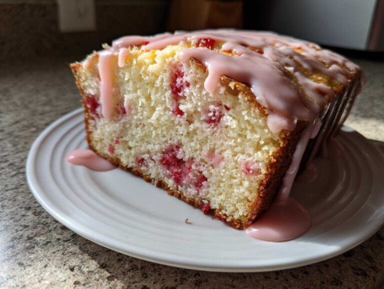 A close-up of a moist slice of strawberry bread topped with dripping pink strawberry glaze on a white plate.