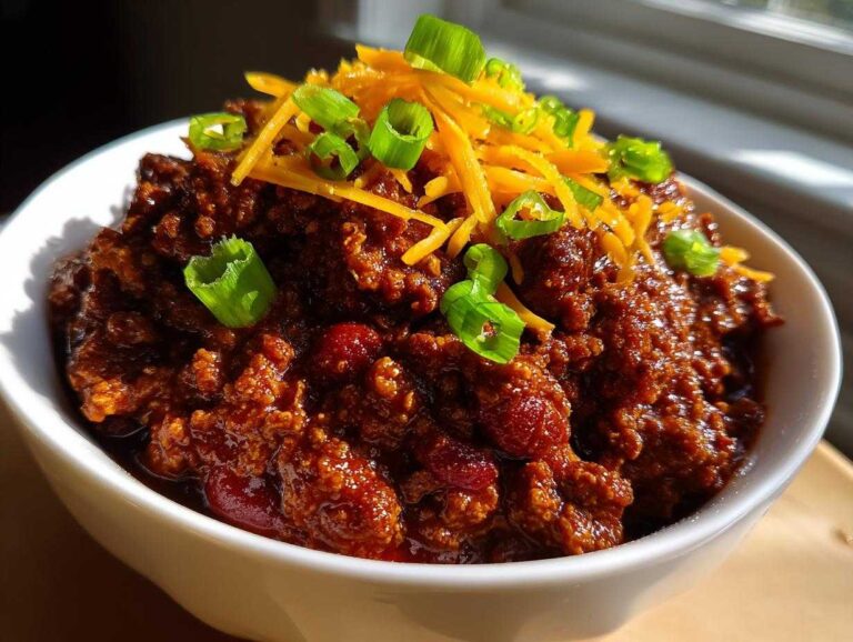 Close-up of a hearty bowl of rich, dark slow cooker award winning chili topped with shredded cheddar cheese and green onions.