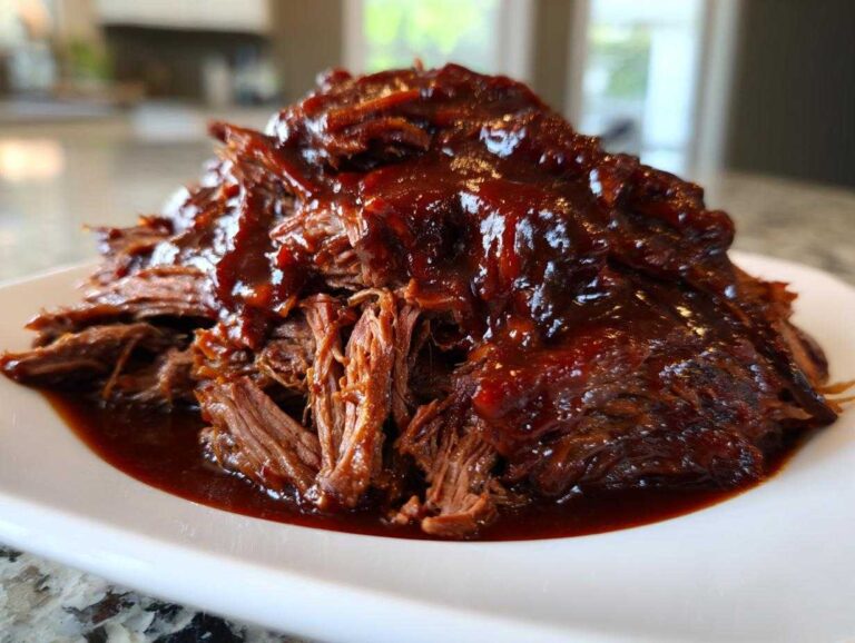 A close-up of shredded, tender slow cooker brisket drenched in rich, dark barbecue sauce served on a white plate.