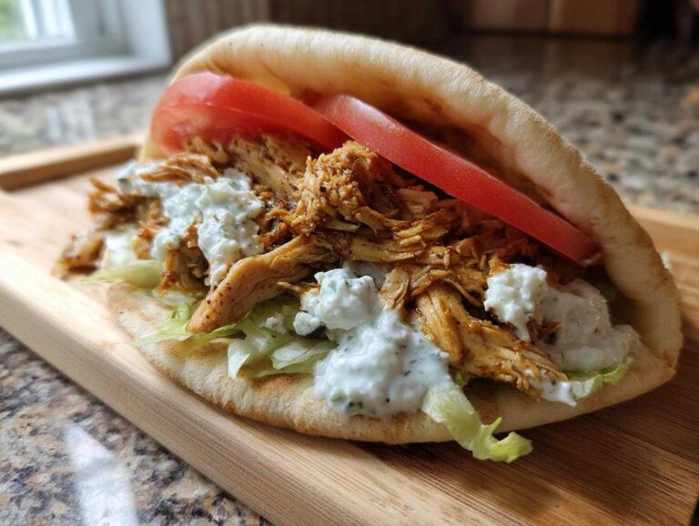 A close-up of a fully assembled slow cooker chicken gyros in a pita bread with tzatziki sauce, lettuce, and tomato.