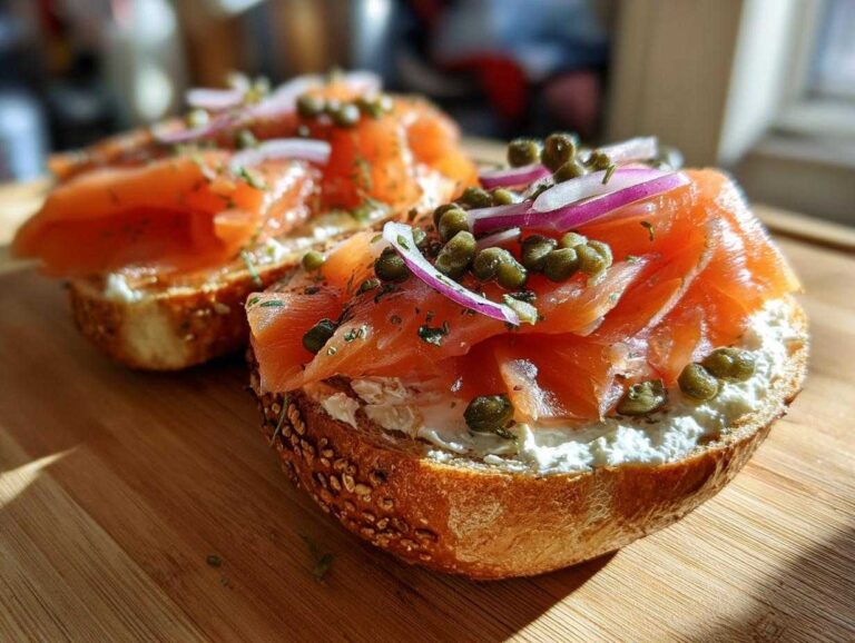 Close-up of a half of a bagel topped with cream cheese, smoked salmon, capers, and red onion slices for a Smoked Salmon Bagel.