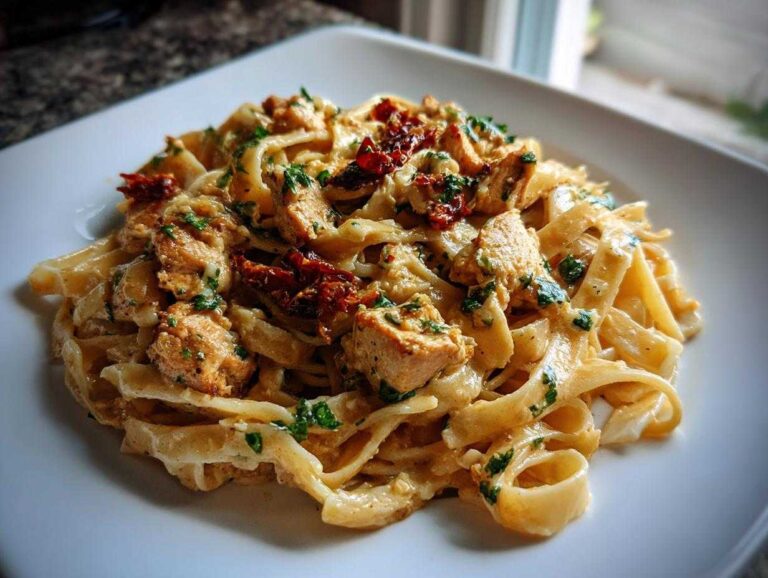 A close-up of creamy smoky garlic butter chicken pasta featuring fettuccine, seasoned chicken chunks, and sun-dried tomatoes.