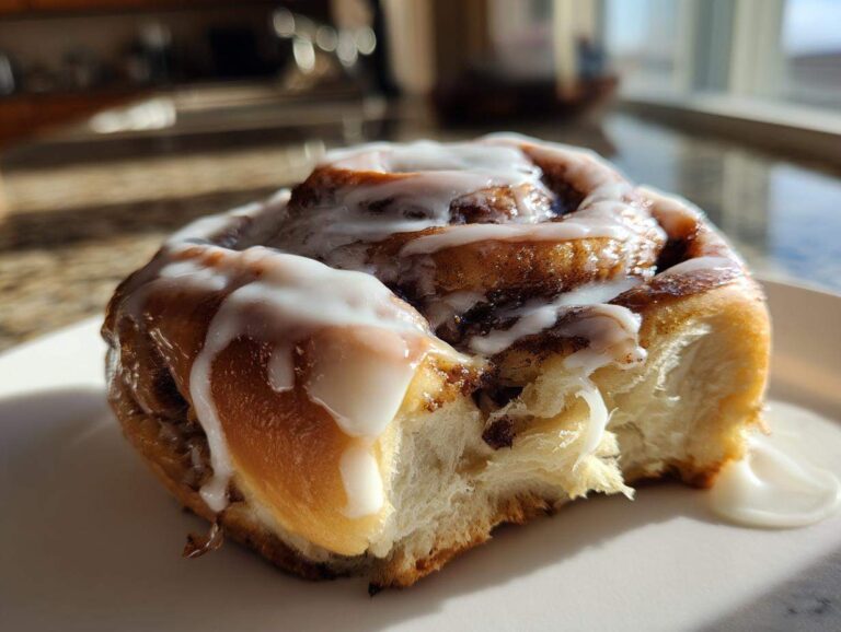 A close-up, mouth-watering shot of a single soft Cinnamon Roll generously topped with white cream cheese icing.