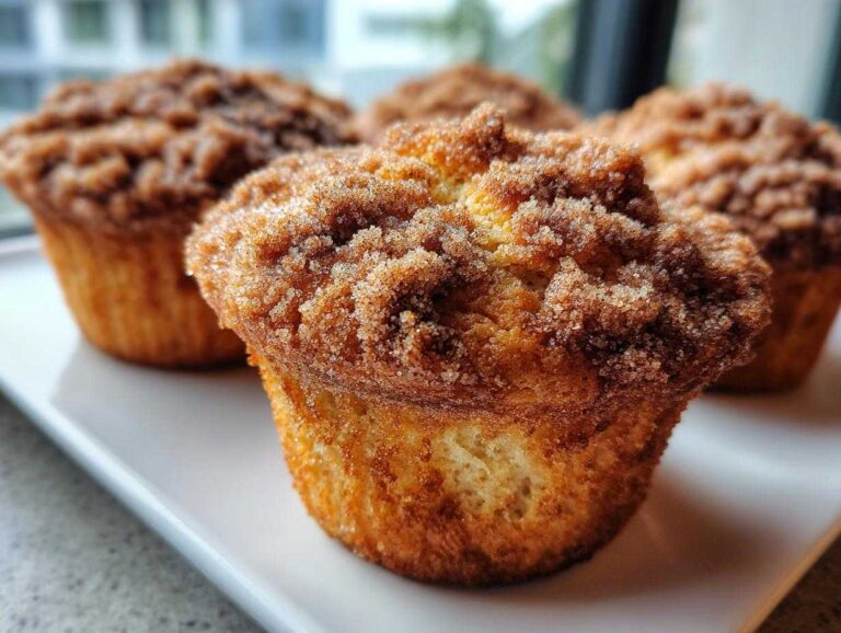A close-up of a freshly baked sour cream coffee cake muffin topped with a thick, sugary cinnamon streusel.